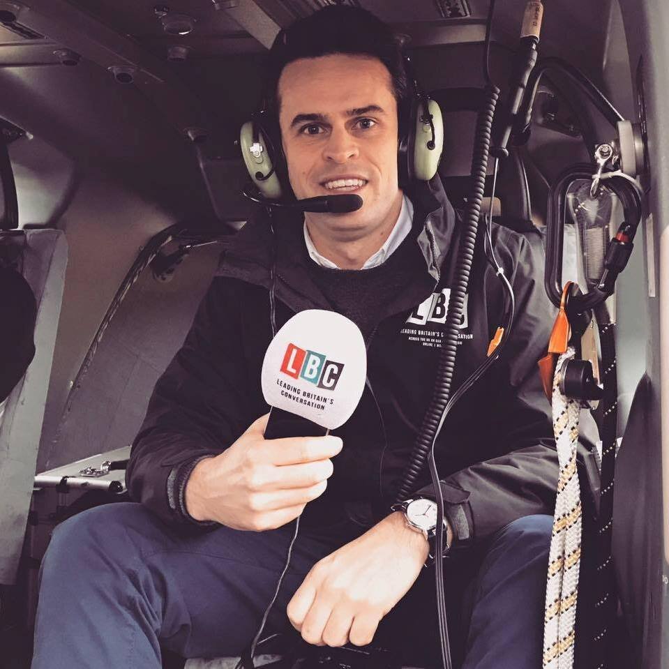 Broadcasting from the London Metropolitan Police's helicopter.