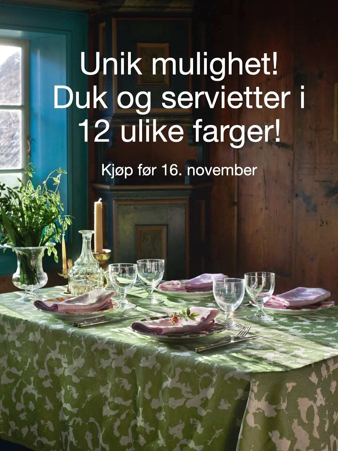 Unik mulighet - For en kort periode kan man bestille b&aring;de Marbel duk og Marble servietter i 12 ulike farger (vanligvis er det kun gr&oslash;nn og beige duk i sortementet). 
Vaffel serviettene finnes i 6 ulike farger. 
Ved kj&oslash;p av 12-pk s