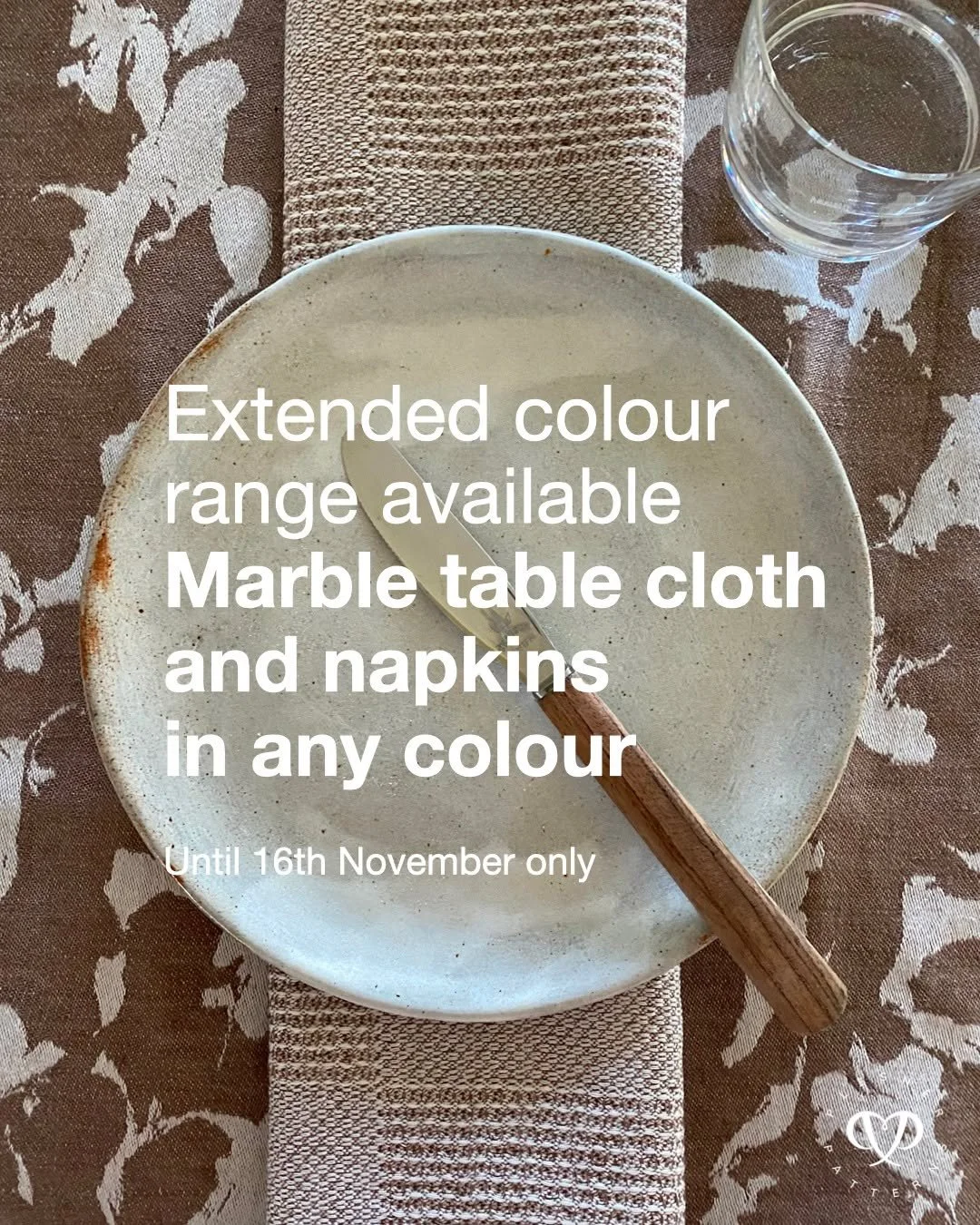 🥨 Set your favourite festive table 🍗🌲

Extended colour range available until 16th November only. You can order Marbel table cloth and Marble napkins in 12 different colours (normally it&rsquo;s only green and beige table cloth in stock). 
The waff
