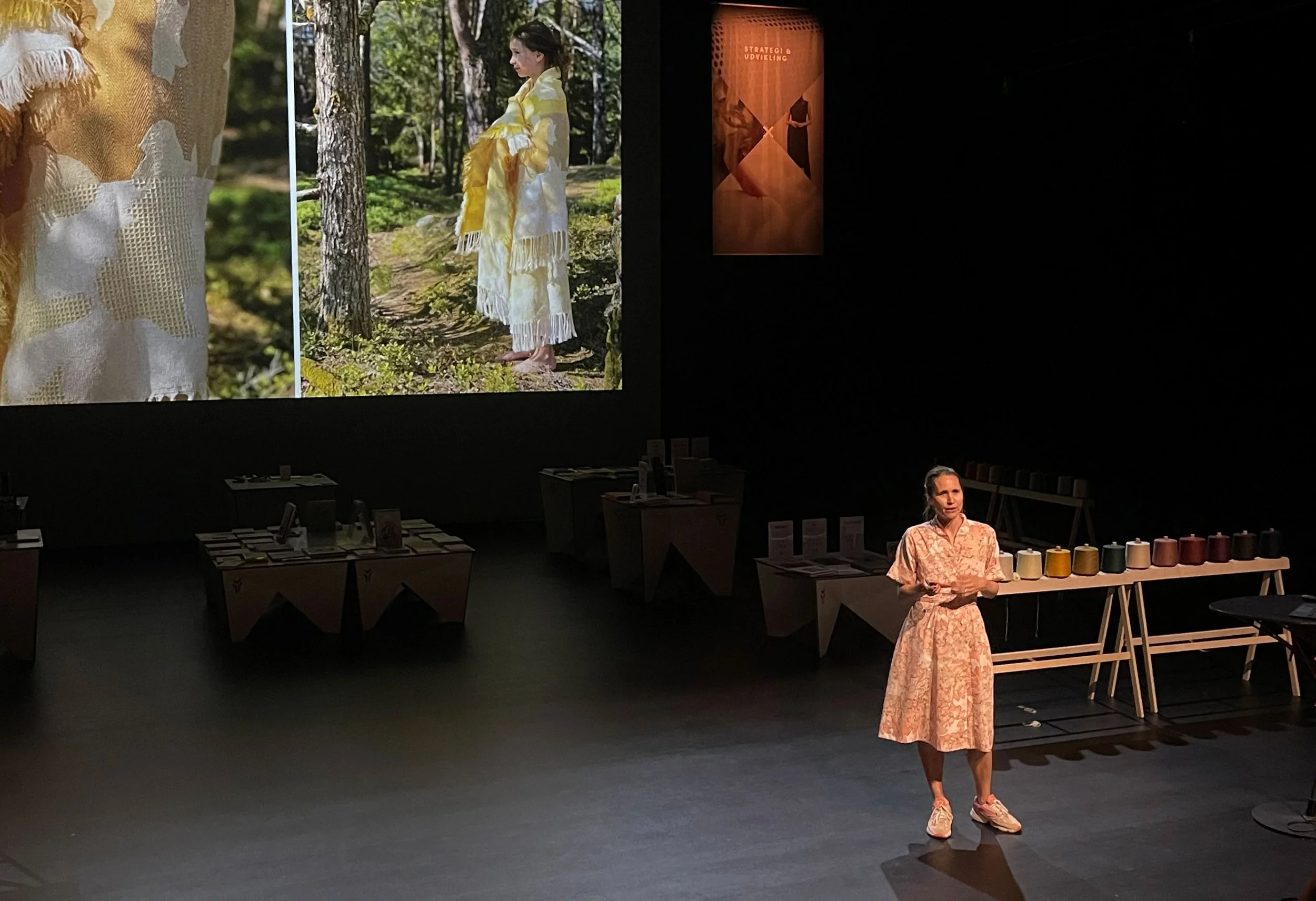 woman in dress standing on a scene, giving a speech