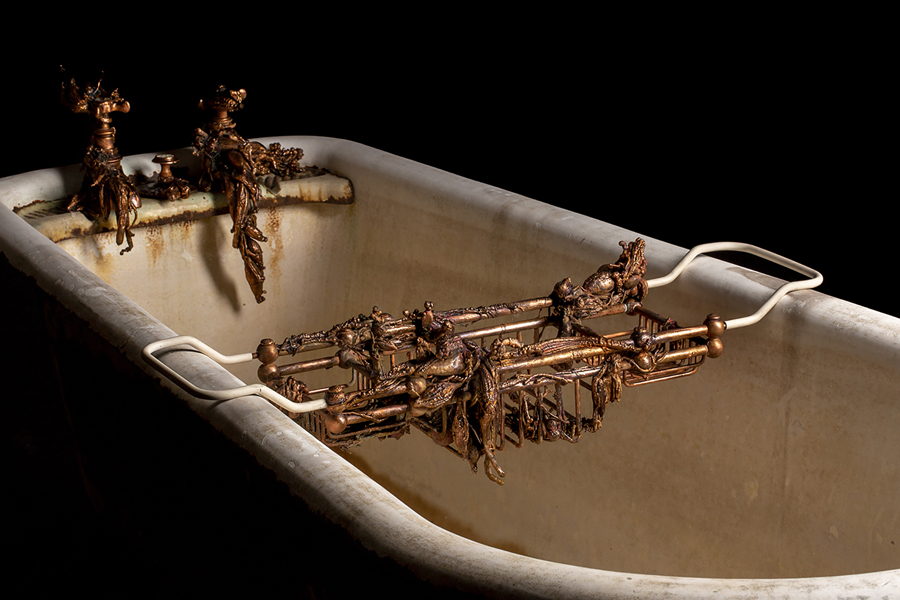 Katrin Spranger, Victorian bath with taps, plunger and bath rack, copper plated flower bulbs and electroformed dried plants