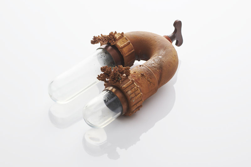 Katrin Spranger, Aquatopia, electroformed drinking sculpture, copper, glass, plumbing parts, rubber stopper