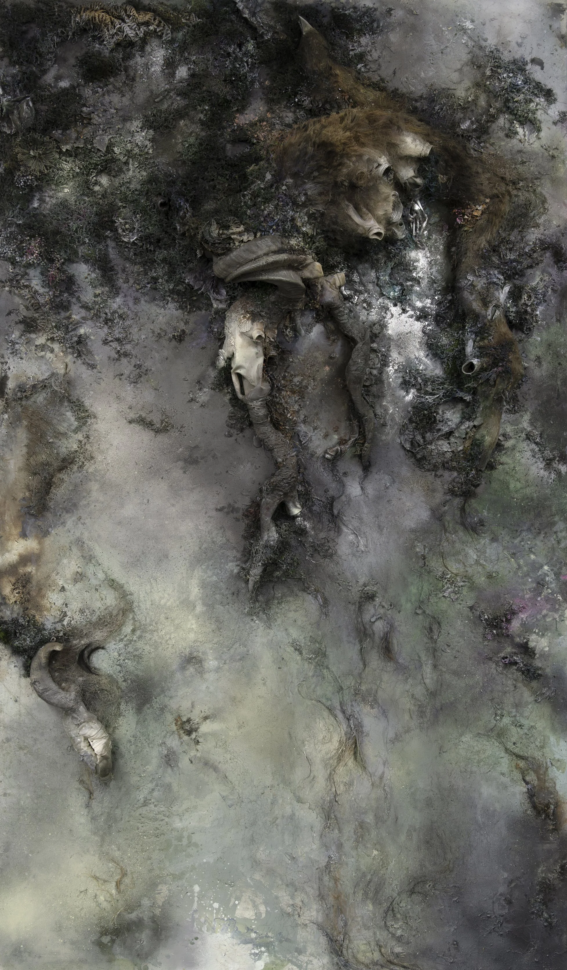 Sculptural Painting with taxidermy parts, human hair and synthetic materials