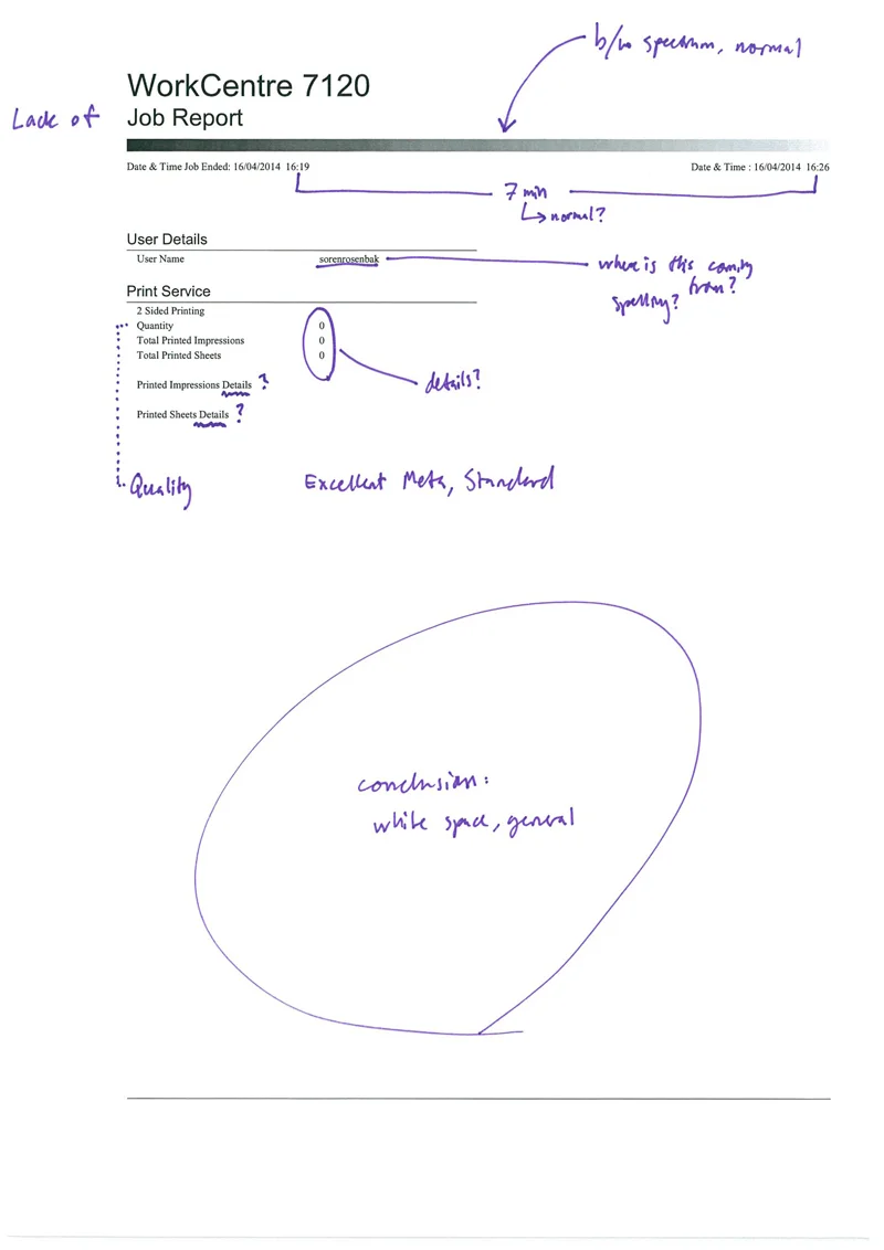 The Workcentre 7120 Job Report, annotated.