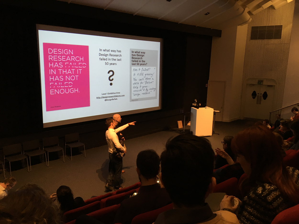 Research Through Design is an emerging, experimental conference “that supports the dissemination of practice-based design research” . For the 2017 edition , in addition to an interactive exhibit where participants could submit new failures, DRF took on a parasitic unconference-like presence. The main element was a series of displays that juxtaposed pairs of failures that seemed to somewhat contradict one another, with the hope that this would spark discussion. Above an example, screened just before a keynote presentation.