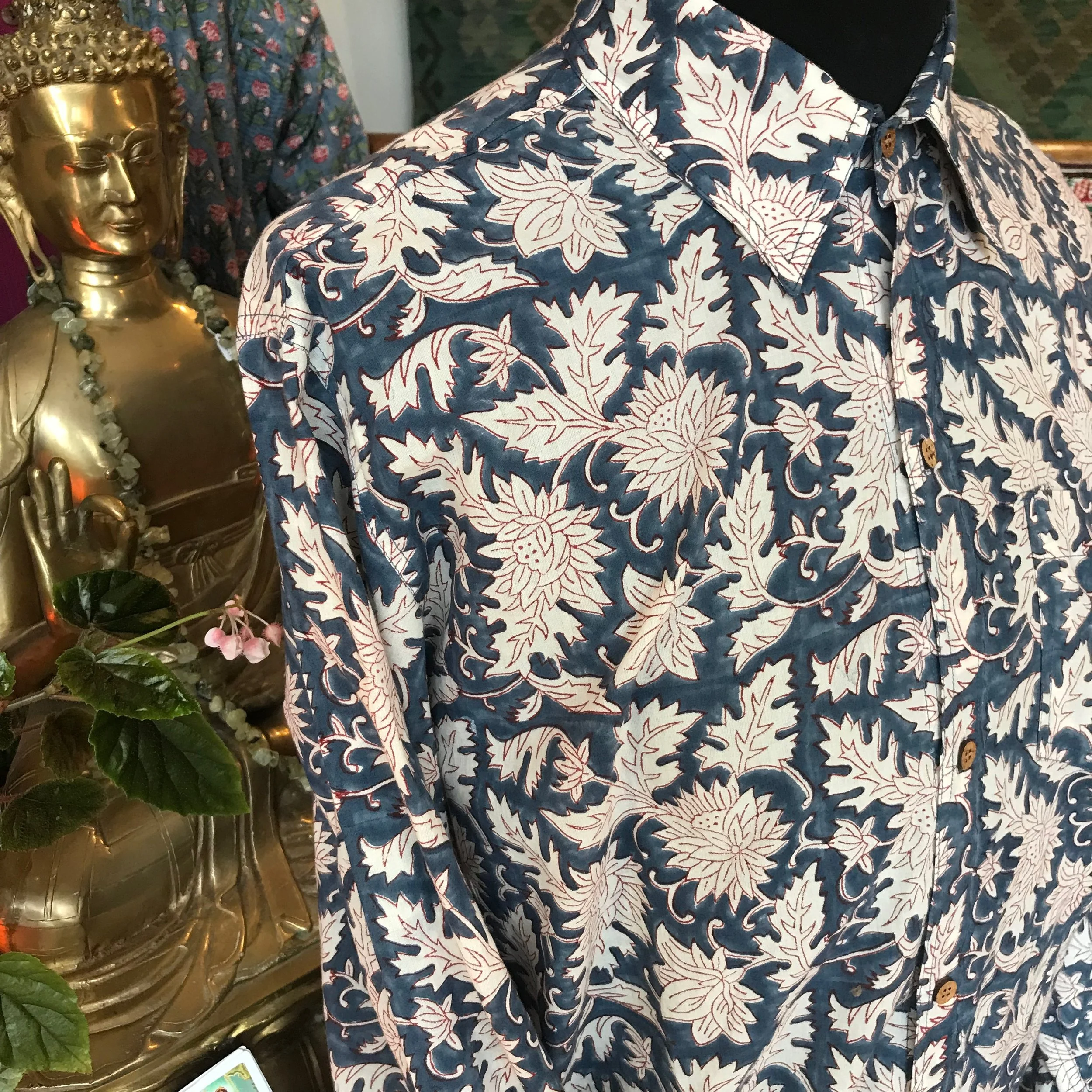Handmade Block Printed Shirt From Jaipur - white leaves on blue