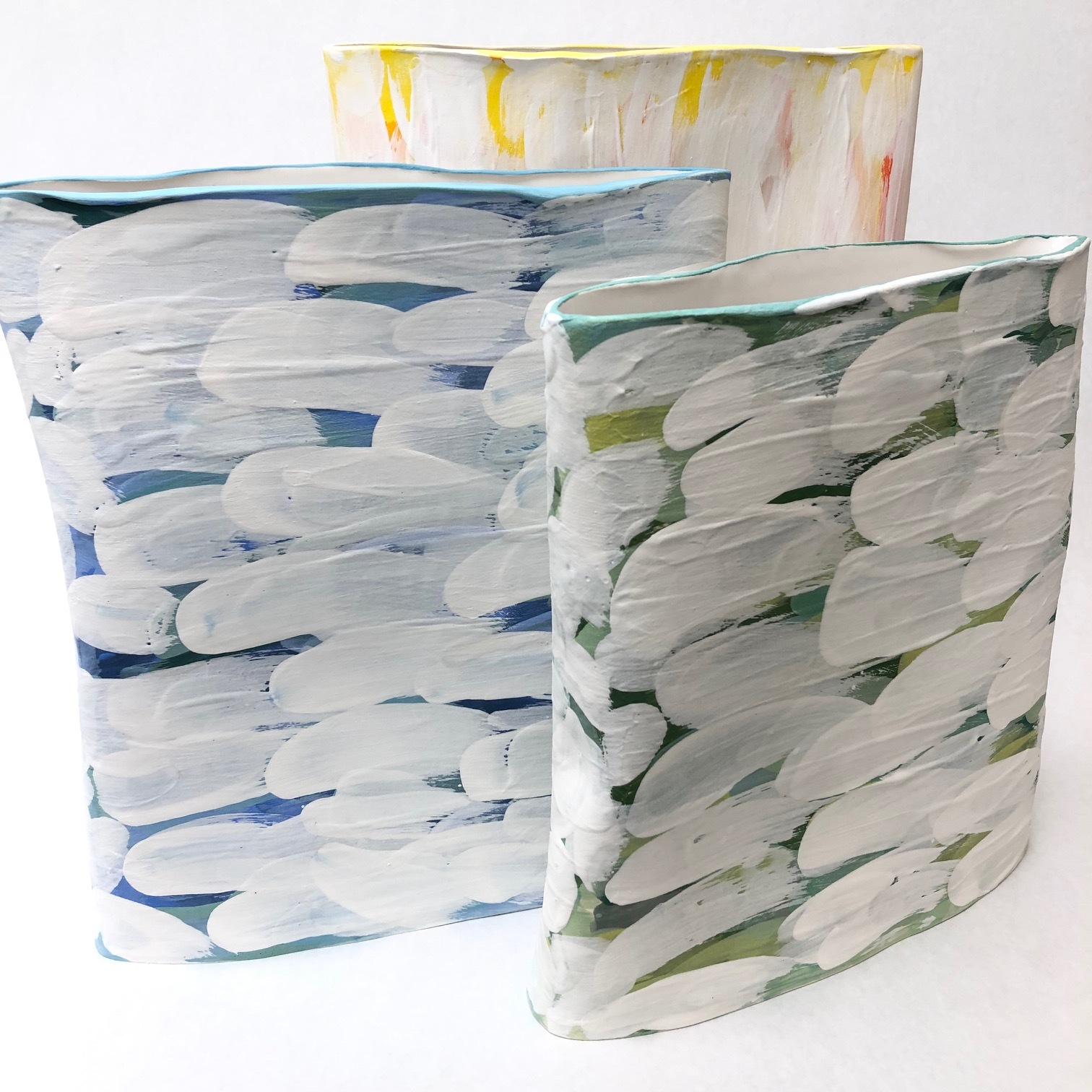 Torba Yellow, Blue, Green Feathers - 13", 11" and 10" (SOLD)