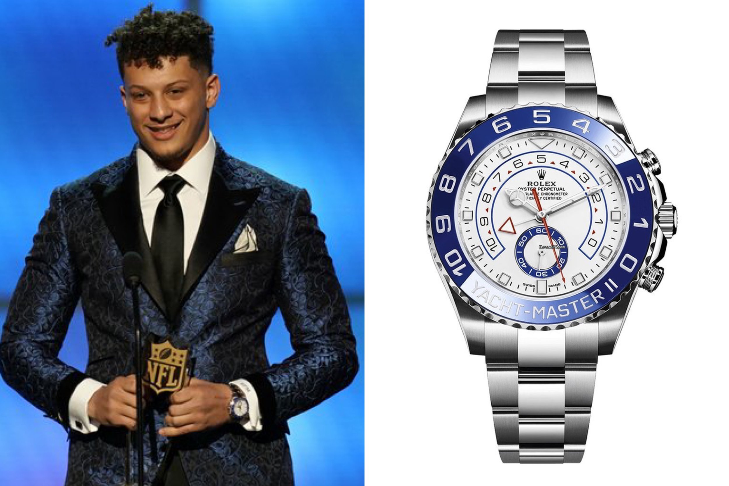 Patrick Mahomes Wore a Matching Blue Suit and Rolex to Super Bowl LVII –  Robb Report