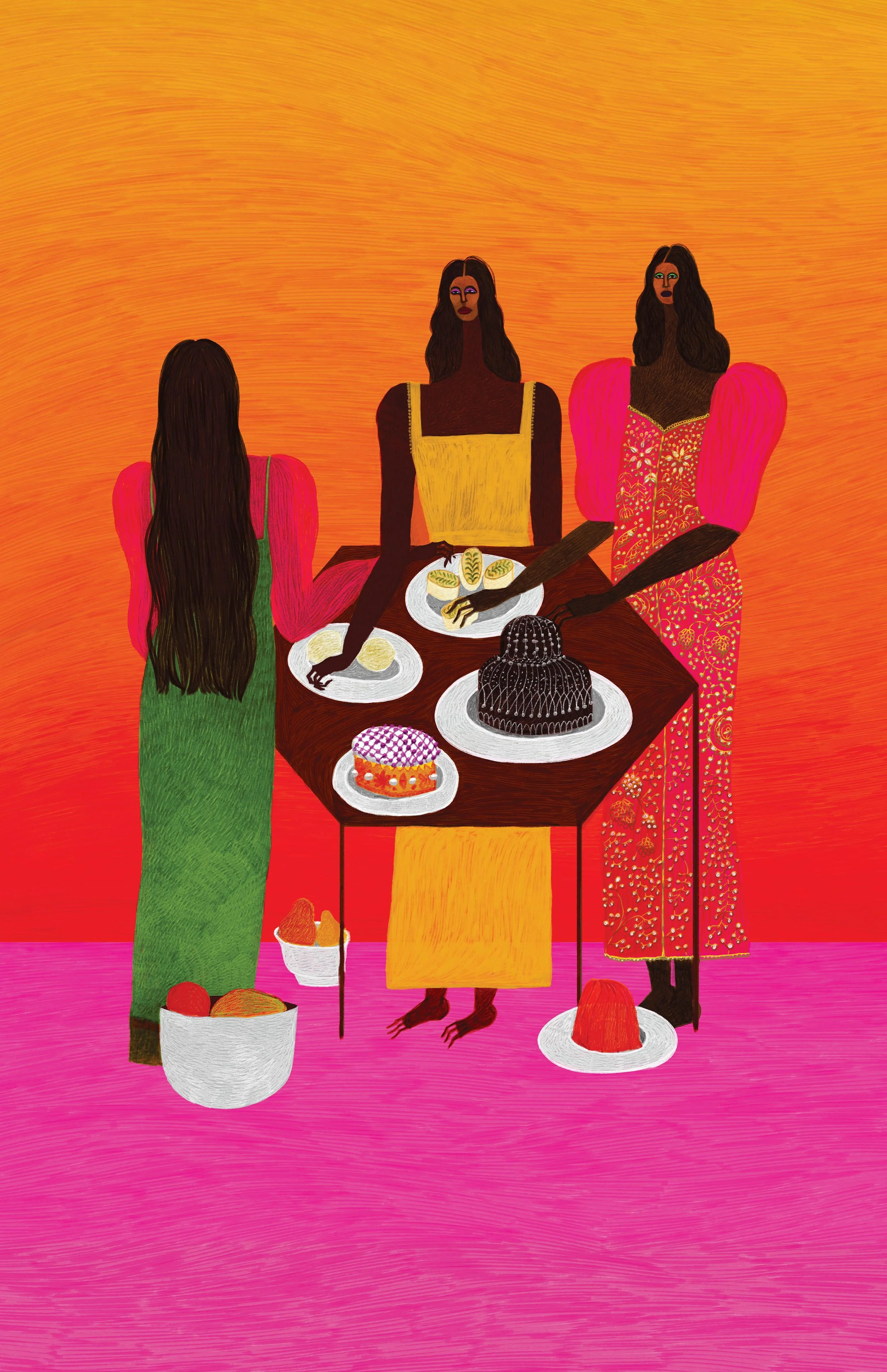 Three Friends and Their Desserts // ”I made this painting to use a pink to orange gradient.”