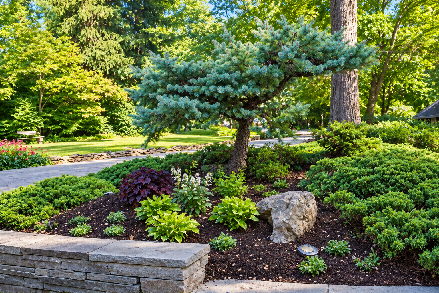 A landscaped garden with a blue-green pine tree, various green bushes, and colorful plants, bordered by a stone wall and a curved paving path, with a lush green background.