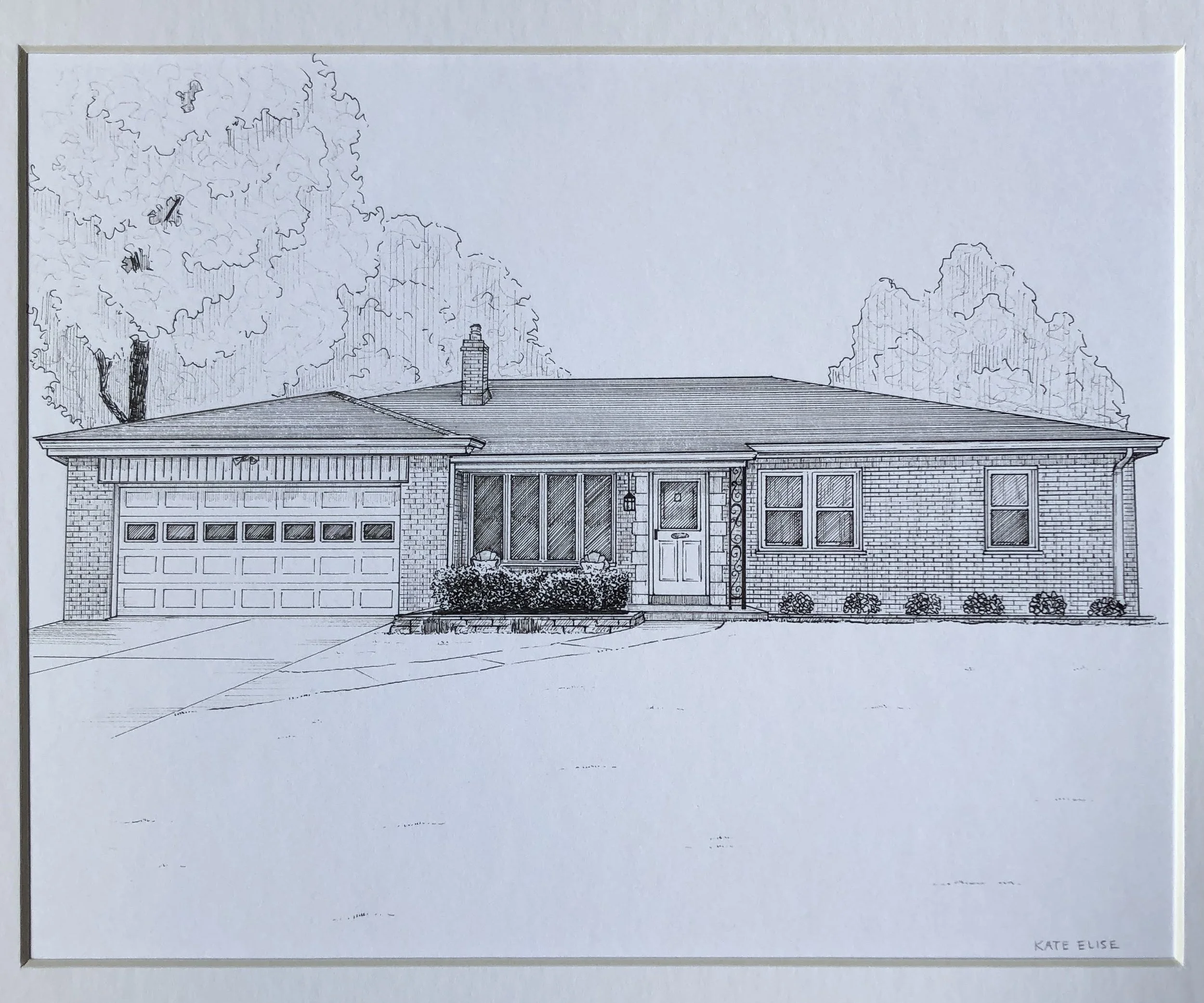  I had the honor of drawing this for a childhood friend. This porch is super cozy with the asymmetrical brick work lining the front door, hanging lantern and chairs ready to welcome visitors. 