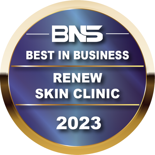 BNS Best in Business Renew Skin Clinic 2023 award badge with a blue background and gold border.