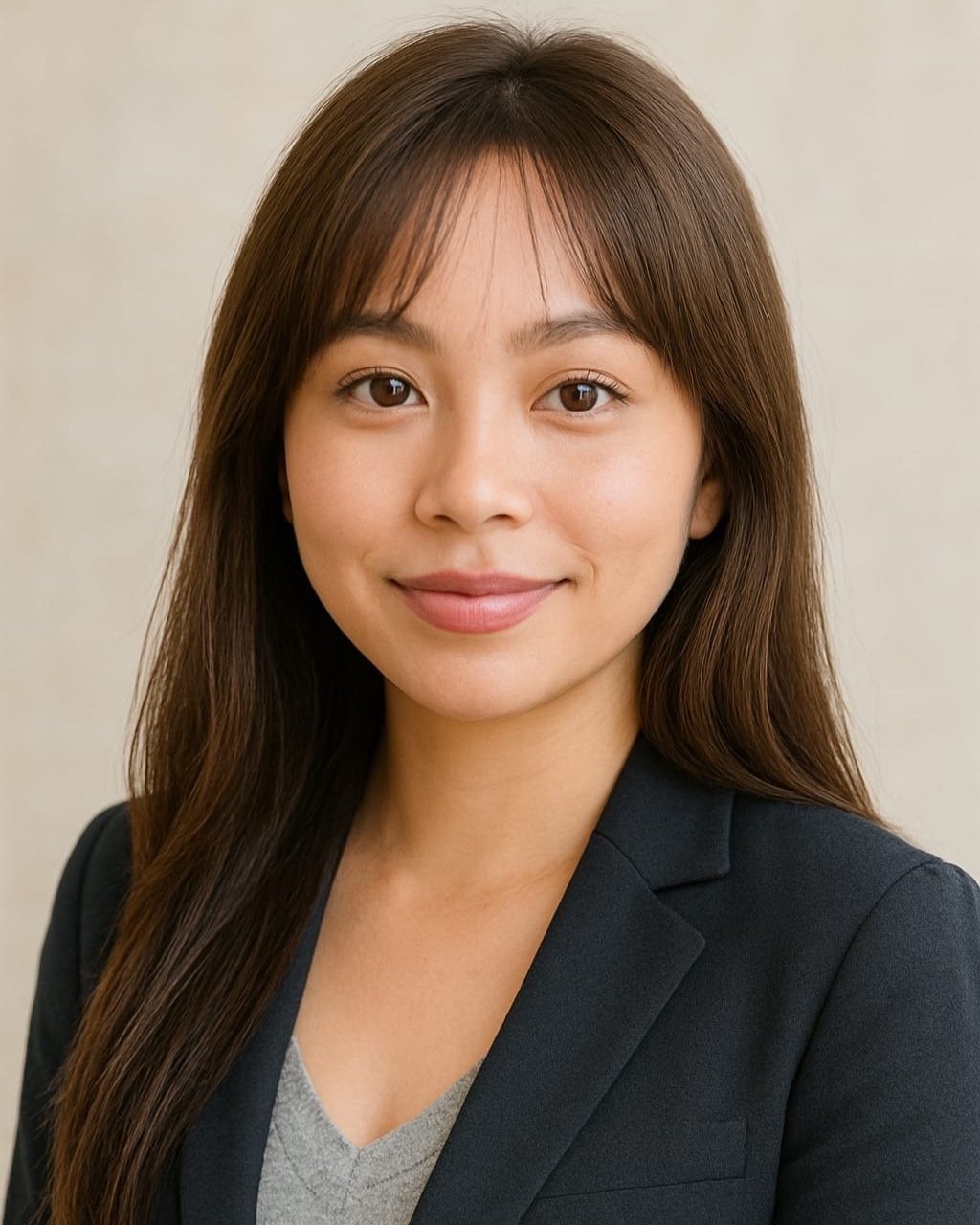A woman with long brown hair, smiling, wearing a black blazer and a gray top, posed against a neutral background.
