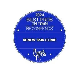 Blue badge with white text recognizing Renew Skin Clinic as 2024 Best Pros in Town.