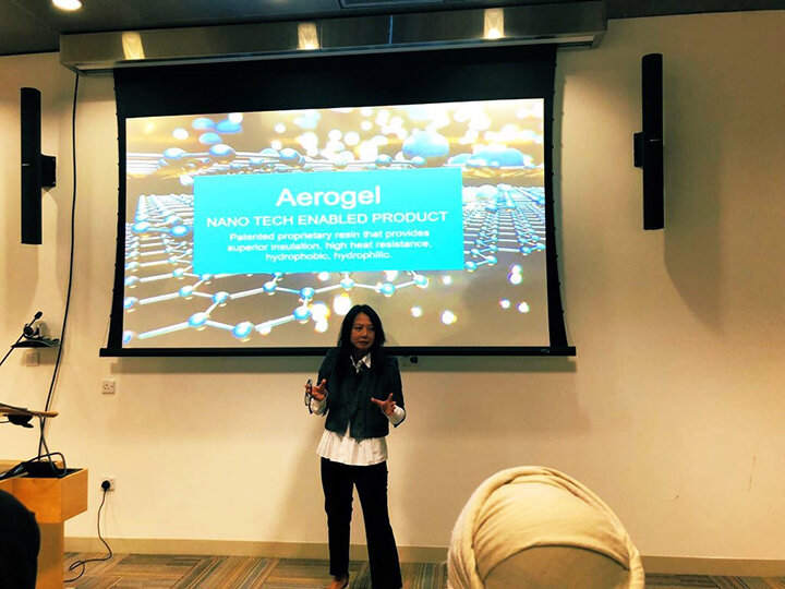 I’m up pitching– Presenting the opportunity of Qatar’s enhanced nano tech aerogel, a phase changing agent can have a potential impact to the functional and smart apparel market.