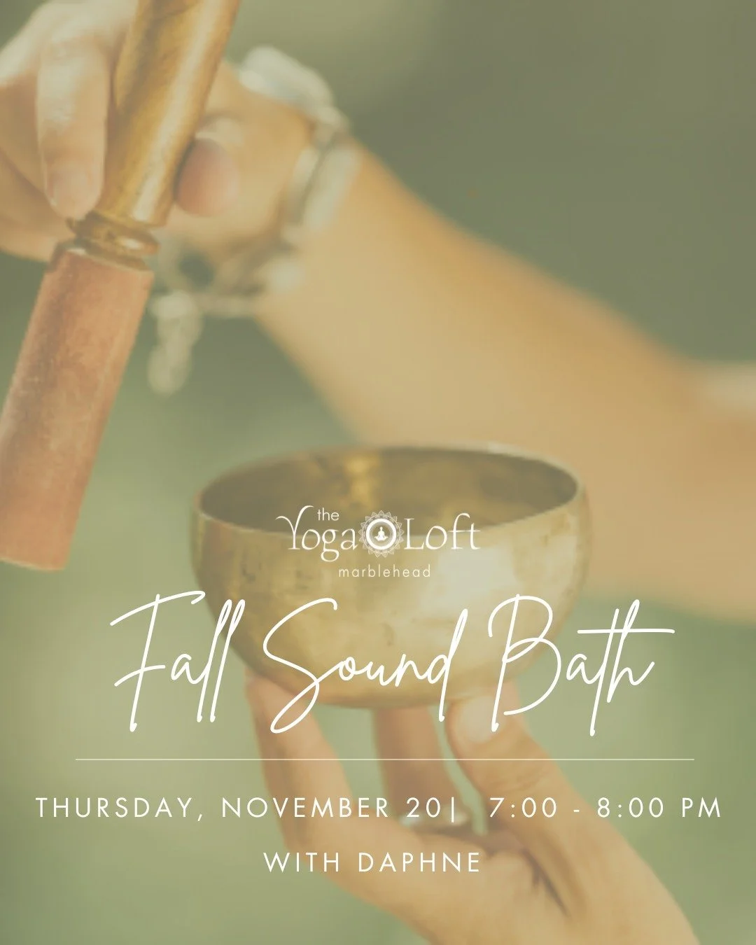 Drift away to sounds that ground and restore🎵

Join Daphne for a restorative sound bath, where you'll be immersed in the soothing vibrations of crystal and metal singing bowls, chimes, gongs, and ocean drums. 

Let the sounds of these ancient instru