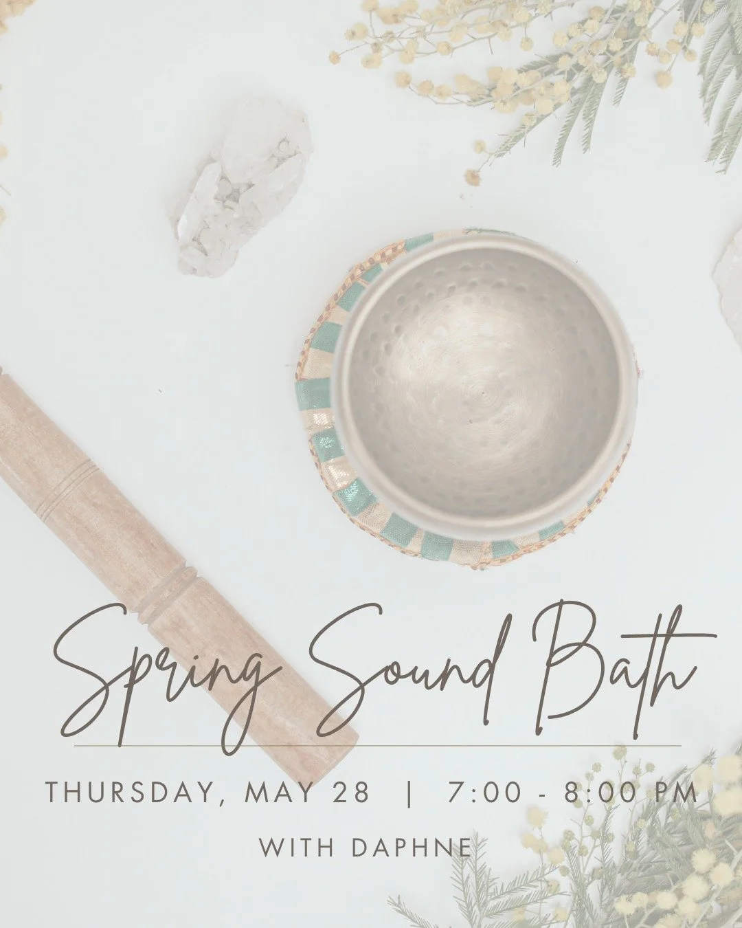Daphne's last Sound Bath until the Fall 🍂

Welcome the Light: Unwind and emerge into the vibrant energy of spring with serene and uplifting sounds. 

Join Daphne for a restorative sound bath where you will be immersed in the light, healing vibration