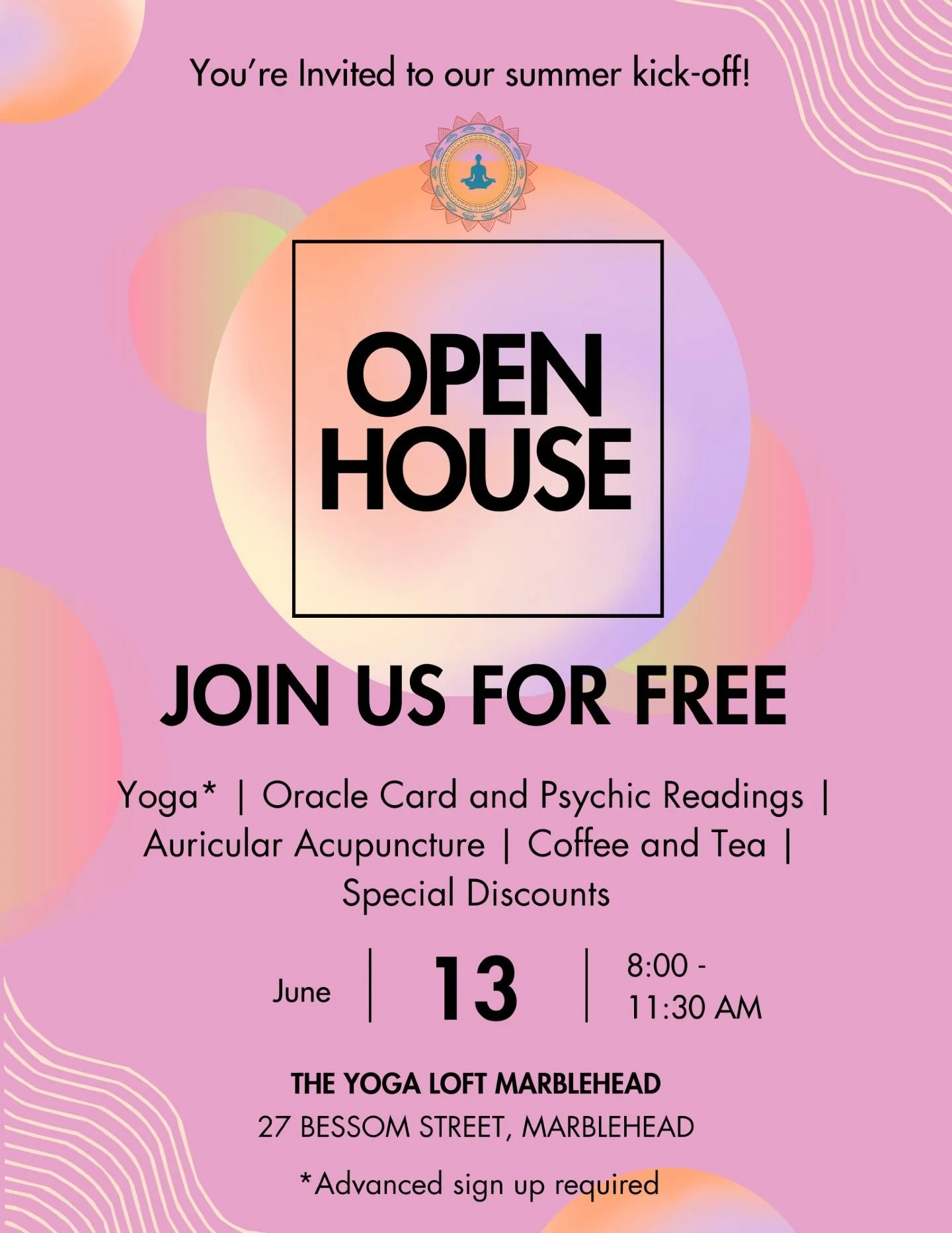 We are throwing a party and you're invited 🎉

Join us for our yearly Open House at The Yoga Loft and kick off the summer with us!

Here is what's going down for FREE:
🧘&zwj;♀️ 2 yoga classes on Saturday in studio and 1 outdoor class on Sunday at th