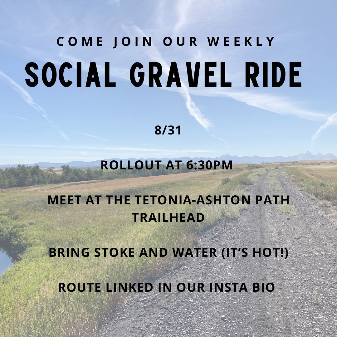 Gravel ride tonight (8/31) is ON! 

Meet us for a 6:30pm rollout from the rail-trail parking lot in Tetonia. Refer to route for meeting point. We&rsquo;ll ride a cruise-y little road/gravel mix and enjoy a chill evening together. 

Ride linked in our