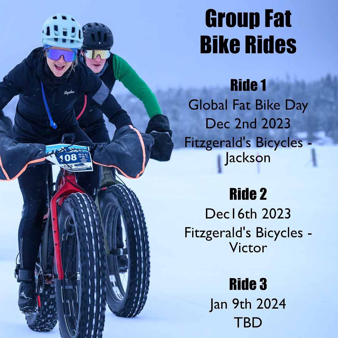 Kick off fat biking season with @ryanpaulkurtz from @fitzgeraldsbicyclesjh, @jay_petervary and @fatpursuit. Join us for some winter group rides! These are open to everyone.

@fitzgeraldsbicyclesjh will be offering 50% OFF fat bike demos for these eve