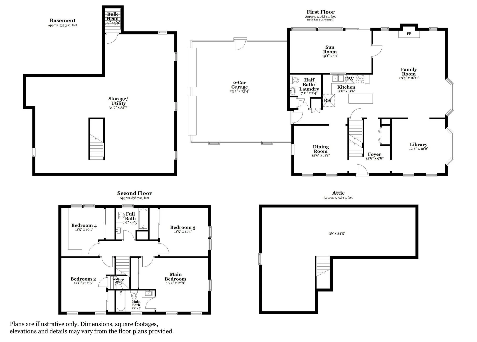 Architectural floor plan of a multi-story house showing labeled rooms, dimensions, and layout.