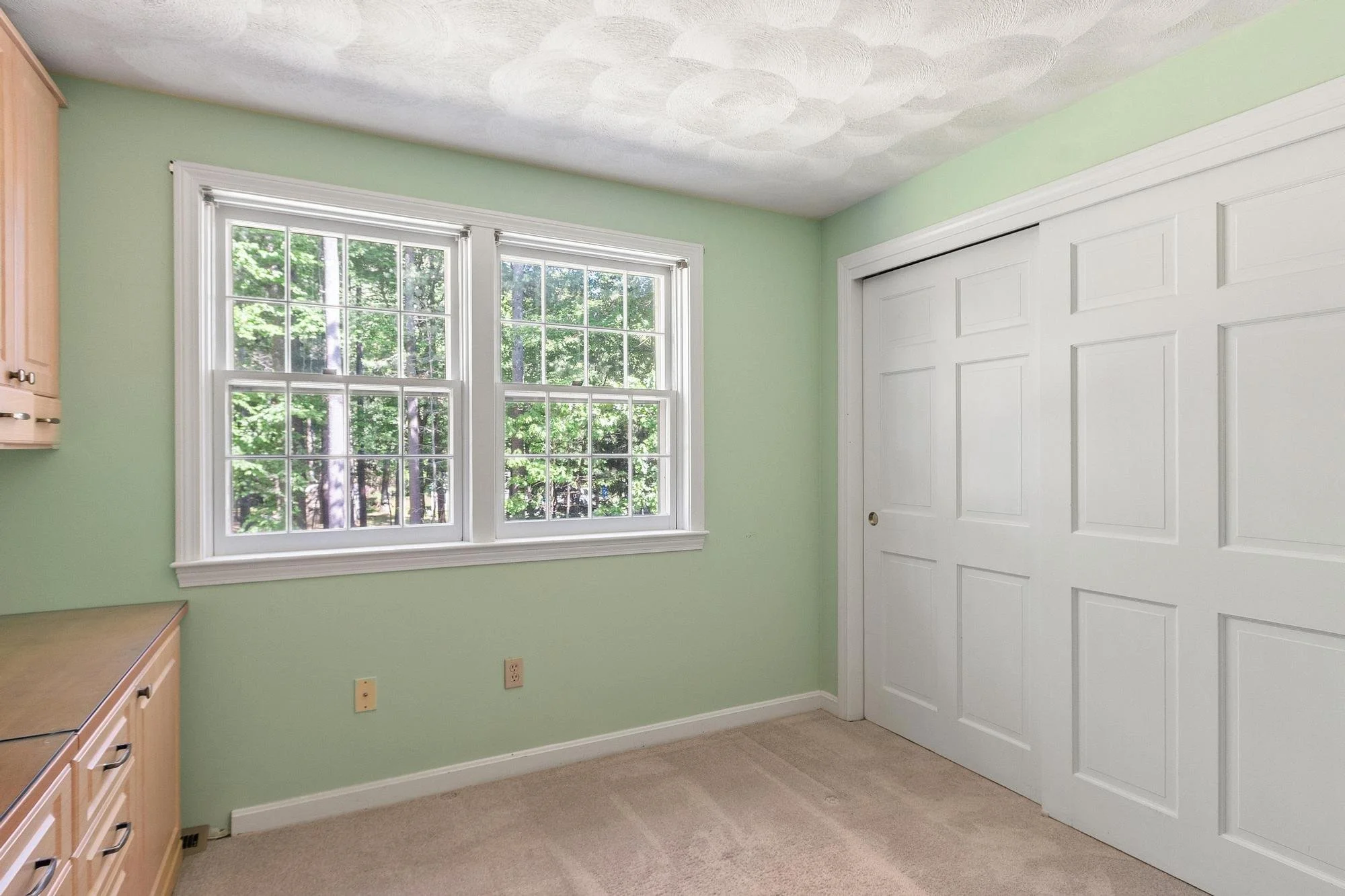 A room with light green walls, two double-hung windows showing a view of trees outside, white trim around the windows, a white closet door, a built-in wooden cabinet on the left, multiple electrical outlets, and beige carpeted flooring.