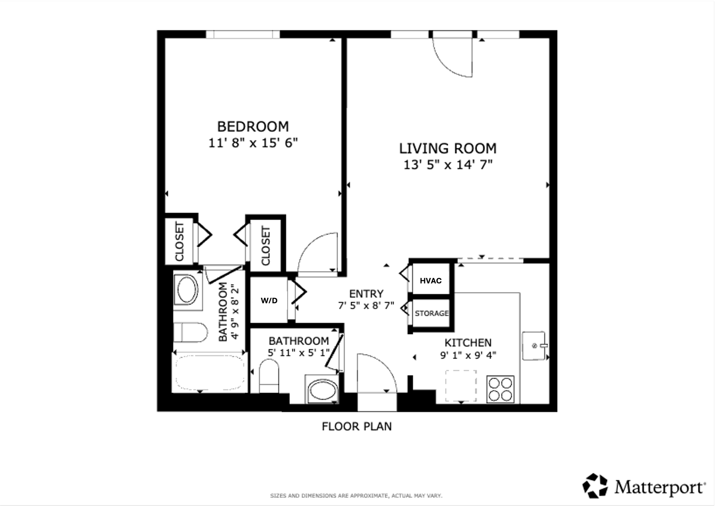 Floor plan of a residence showing a bedroom, living room, kitchen, bathrooms, closets, entry, storage, and HVAC areas with dimensions labeled.