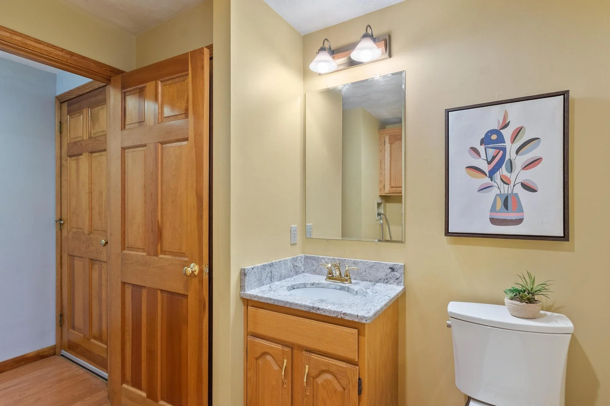 Bathroom with a wooden door, a vanity with a granite countertop, a mirror, a light fixture, a framed colorful abstract art piece, a toilet with a small potted plant on it, and yellow painted walls.