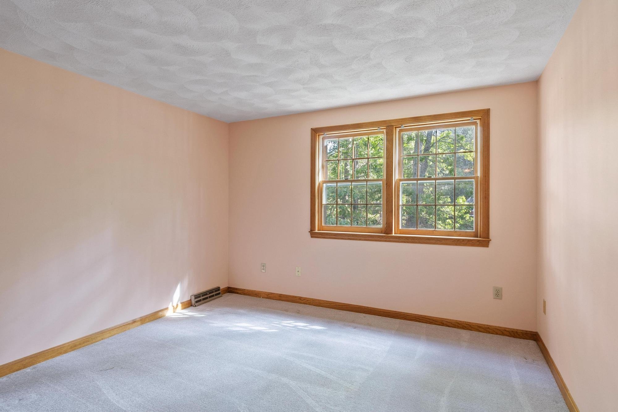 An empty room with beige walls, a gray carpet, two wooden-framed windows, and natural light coming through.