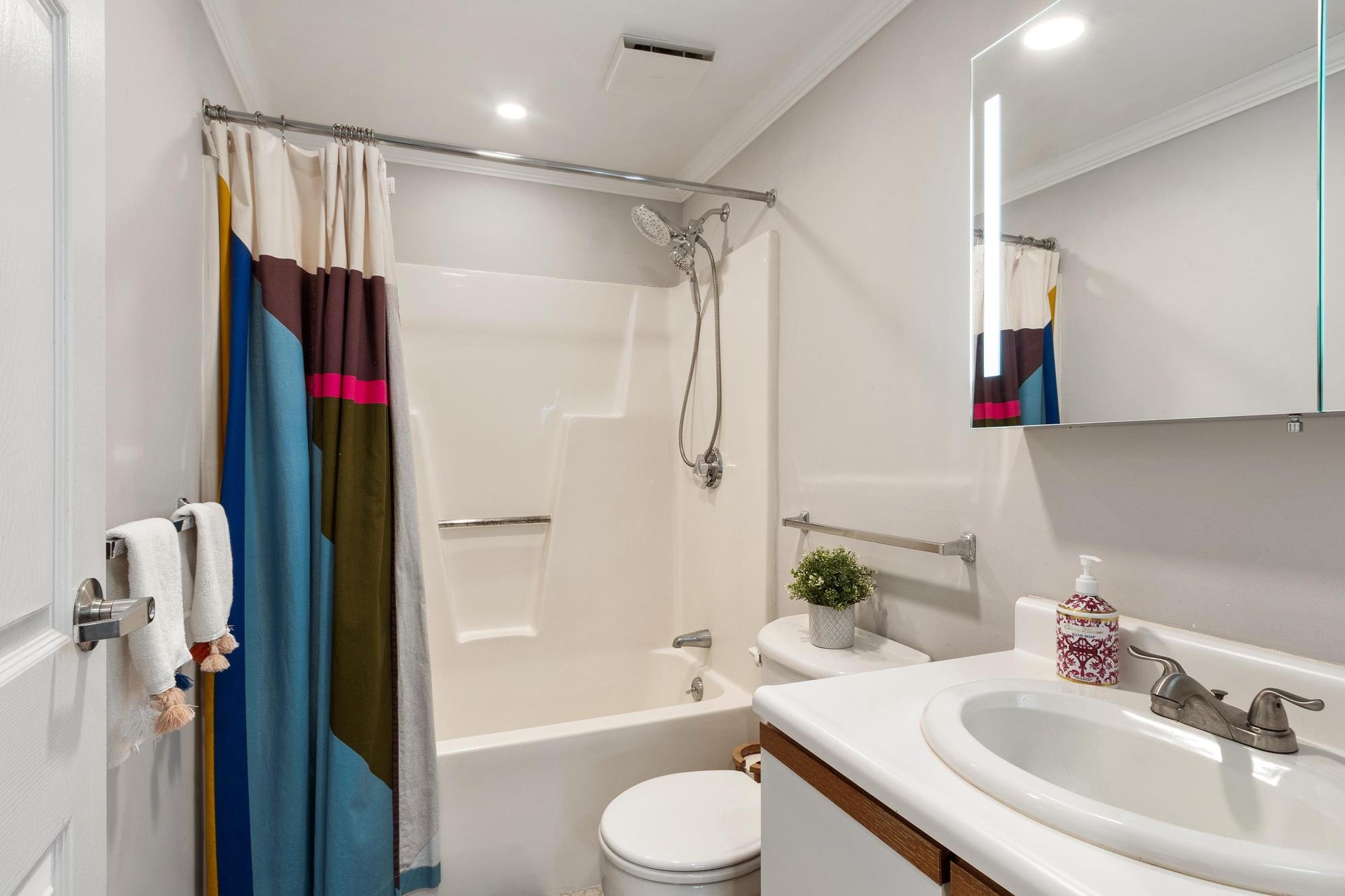 Bathroom with shower, colorful striped shower curtain, white walls, mirror, small plant, soap dispenser, and sink.