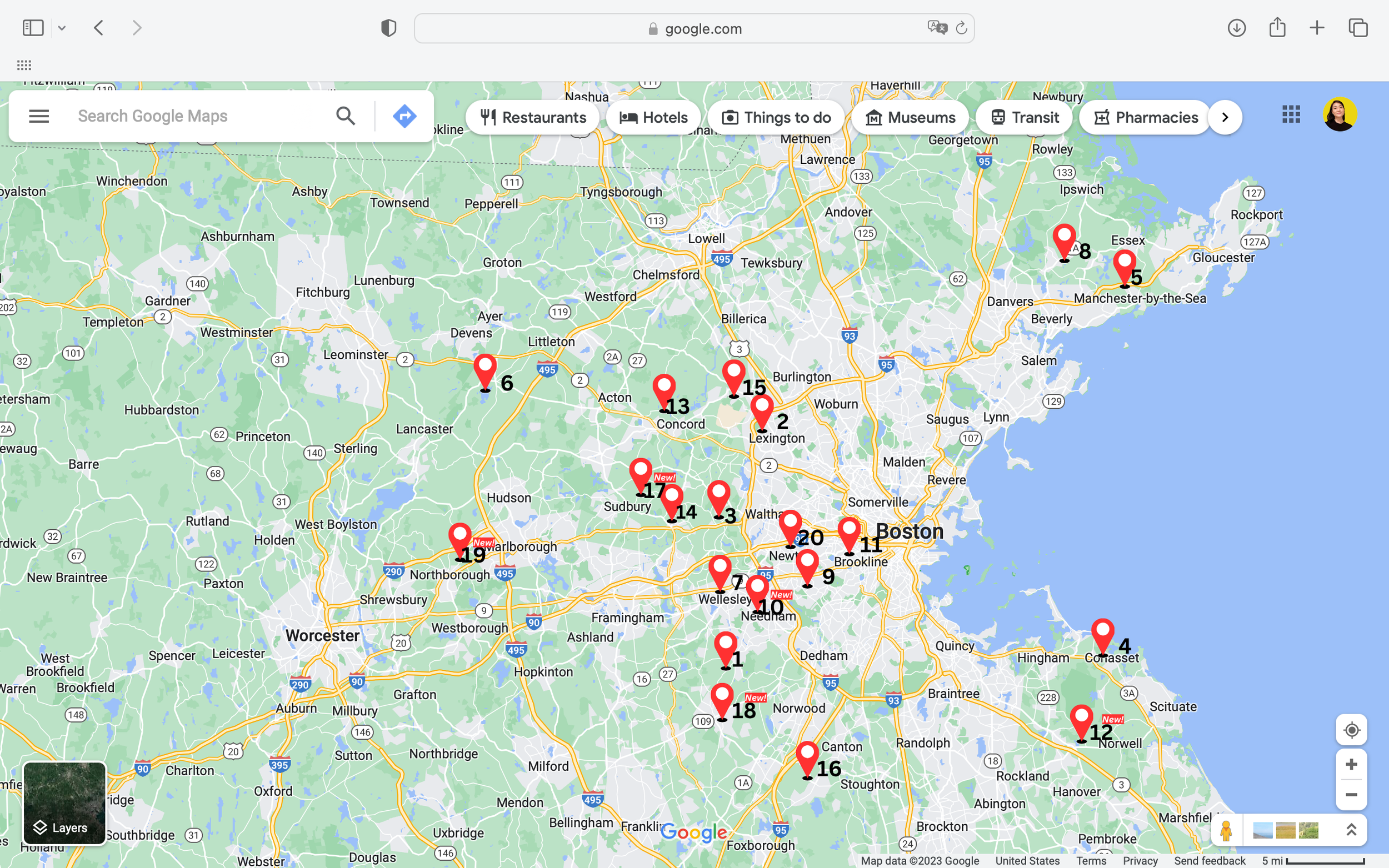 A map showing the top 20 schools in Boston