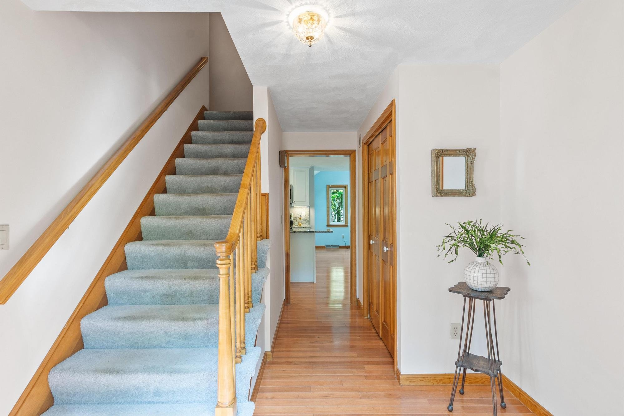 Entryway with a staircase to the left, a hallway leading to a kitchen area, a wooden door on the right, and a small table with a potted plant and a decorative mirror on the wall.