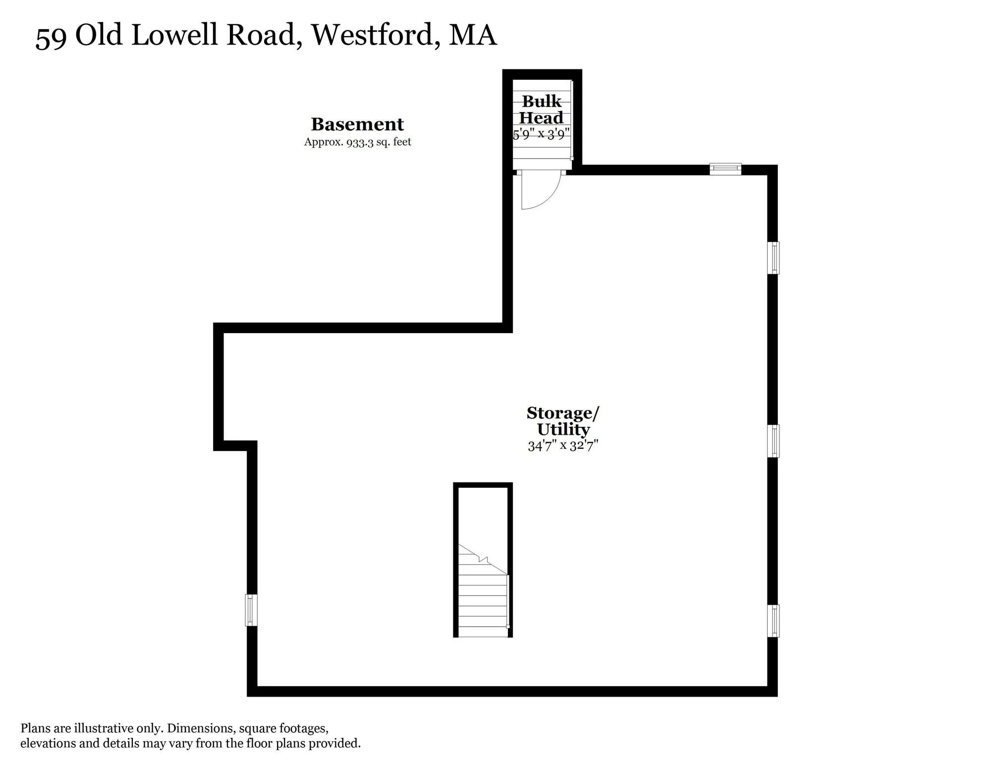 Floor plan of a basement layout showing a storage/utility room measuring 34'7" x 32'7", a smaller space labeled 'Bulk Head' measuring 5'9" x 3'9", stairs leading to another level, and a label indicating the address 59 Old Lowell Road, Westford, MA.