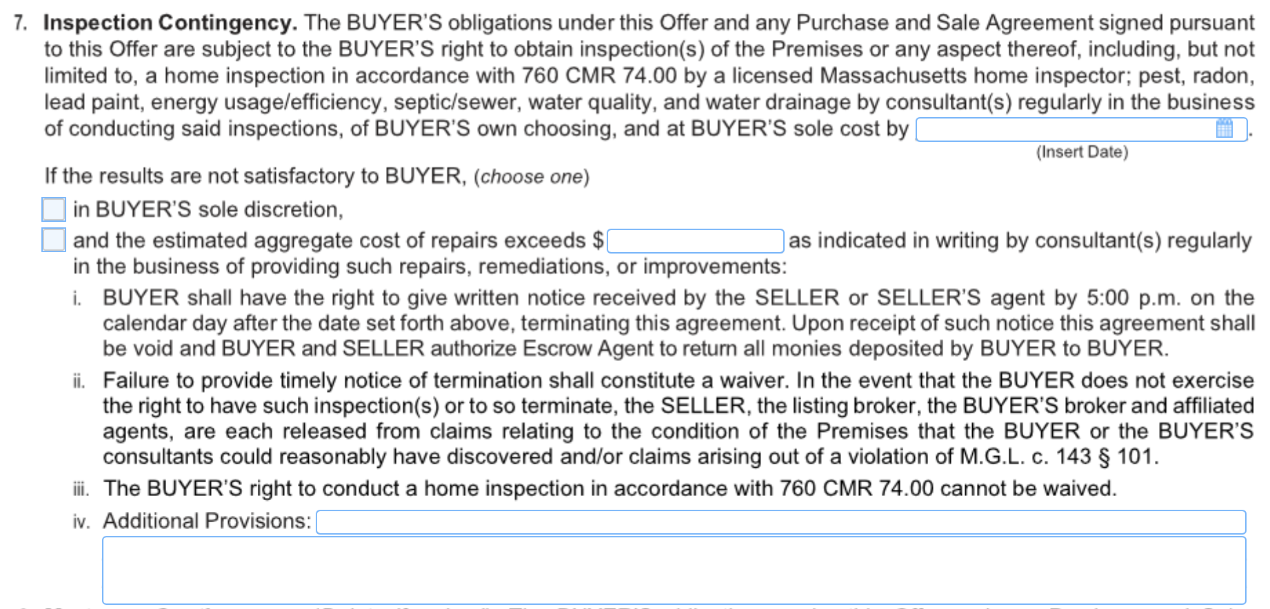 New home inspection clause in offer to purchase contract