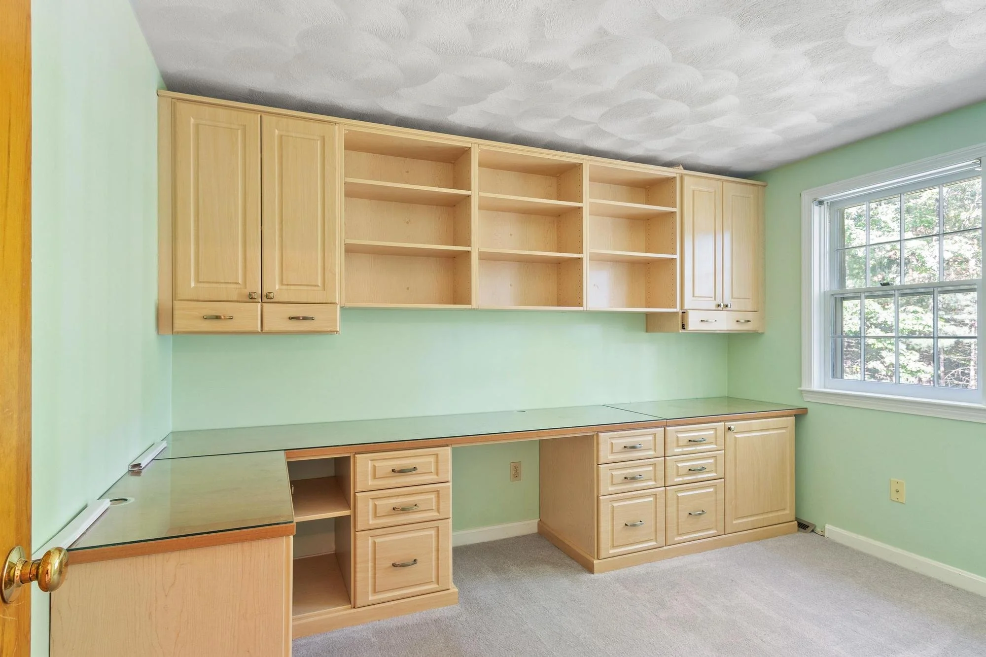 Empty green-colored room with built-in wooden cabinets and drawers, a window with a view of trees, and a carpeted floor.
