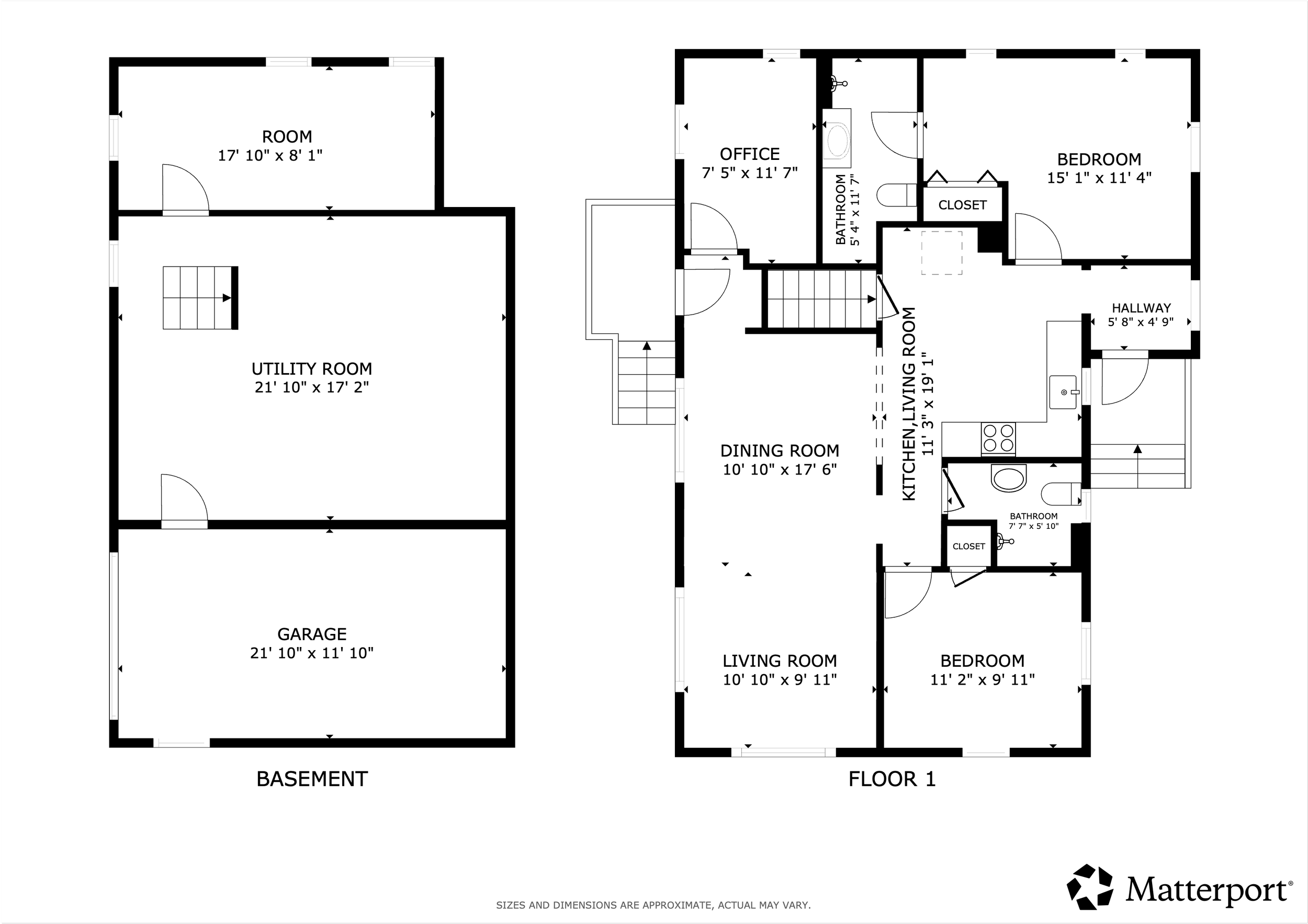 Floor plan of a house showing the basement, first floor, and room measurements.