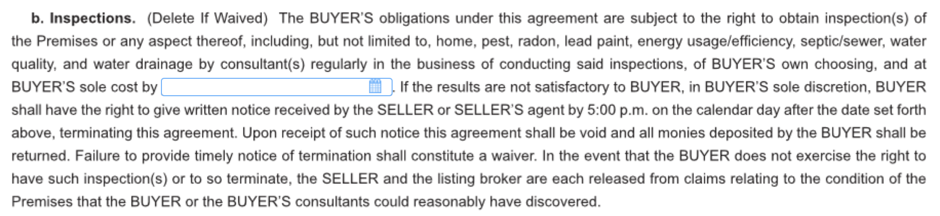 Old home inspection clause in offer to purchase real estate