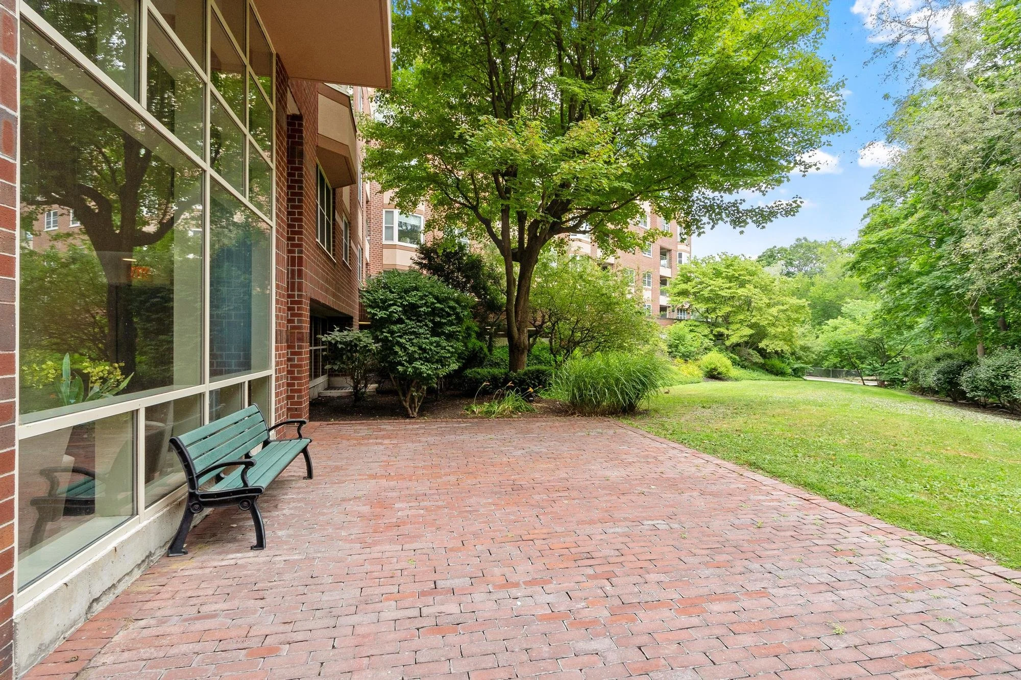A brick-paved patio area with a large green tree providing shade. On the left side, there is a glass window reflecting part of the tree and surroundings, with a green bench placed near it. To the right, the area extends into a grassy landscape with more trees and a multi-story residential building in the background.