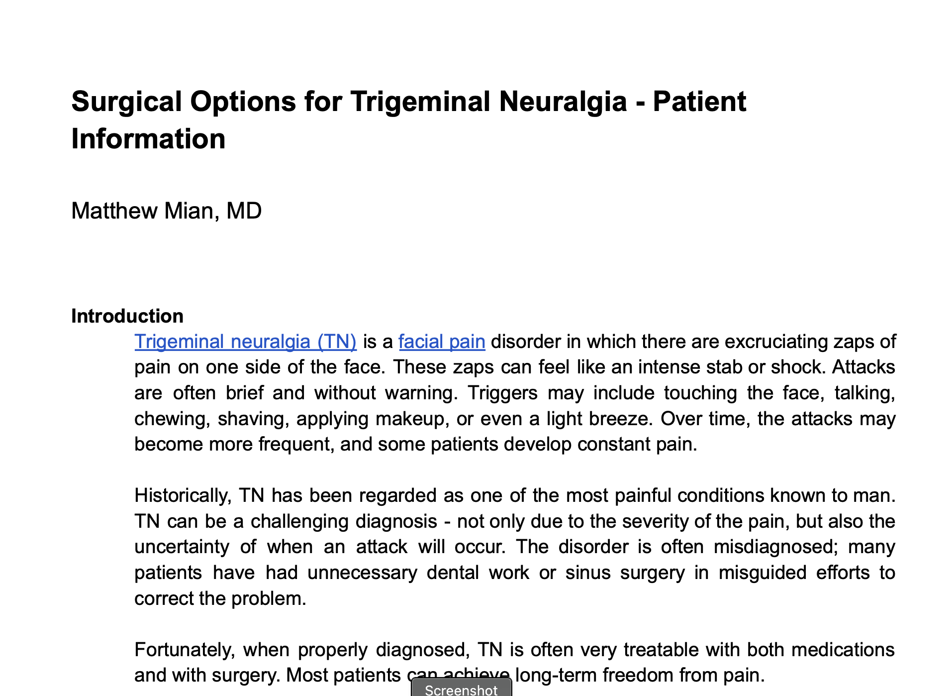 Options for patients with Trigeminal Neuralgia