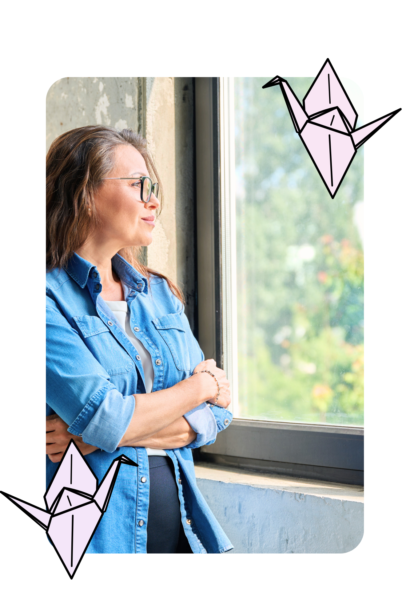 Woman looking out a window while reflecting on her experiences with religious trauma, identity, and self-discovery.