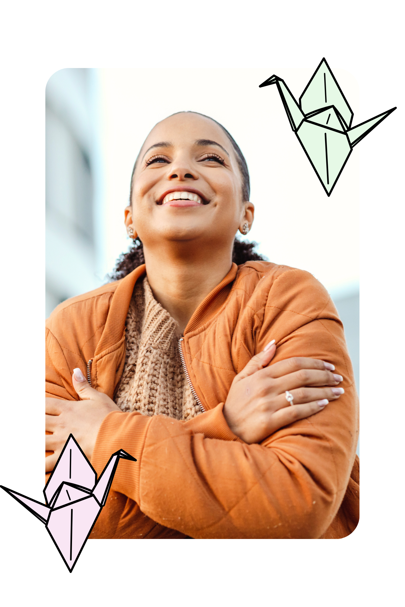 Woman smiling and looking upward with a sense of relief and openness, representing recovery, self-trust, and emotional freedom after religious or spiritual trauma.