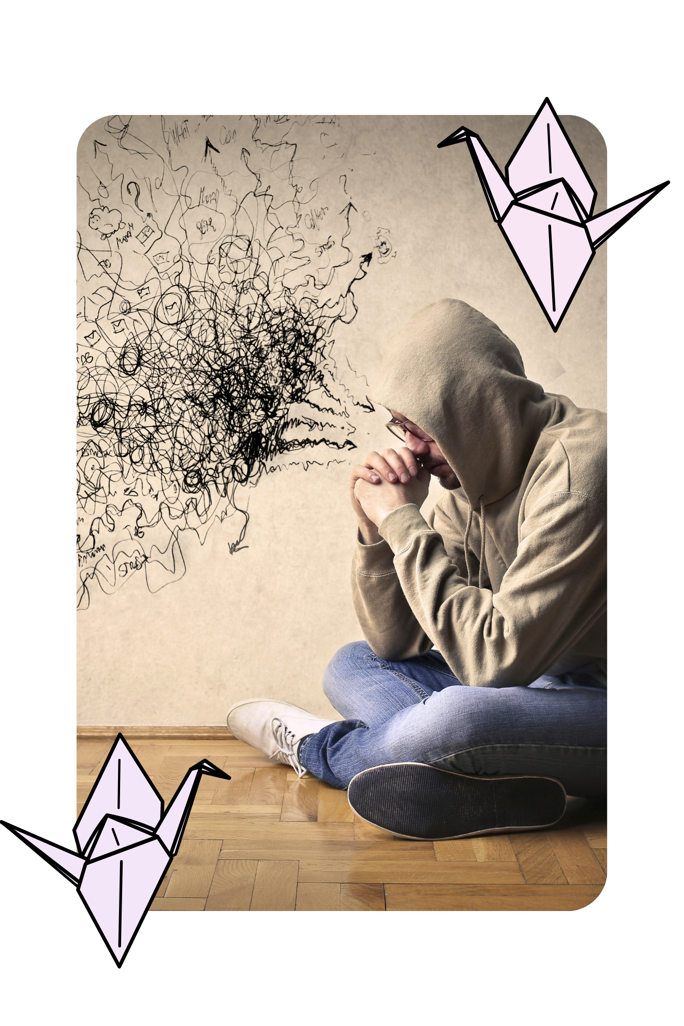 Man sitting with his hood up, appearing deep in thought, surrounded by dark scribble-like lines representing overwhelming and confusing thoughts related to religious trauma and internal conflict.