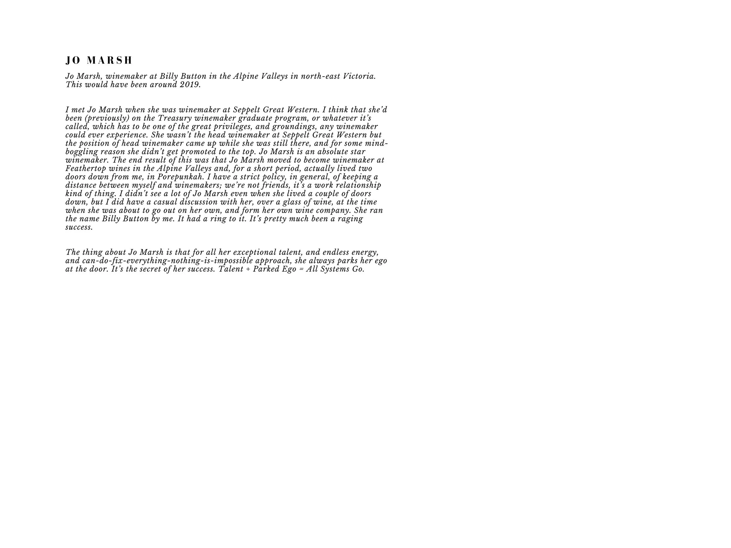 Text about Jo Marsh, a winemaker in Victoria, describing her career, personality, and success traits.