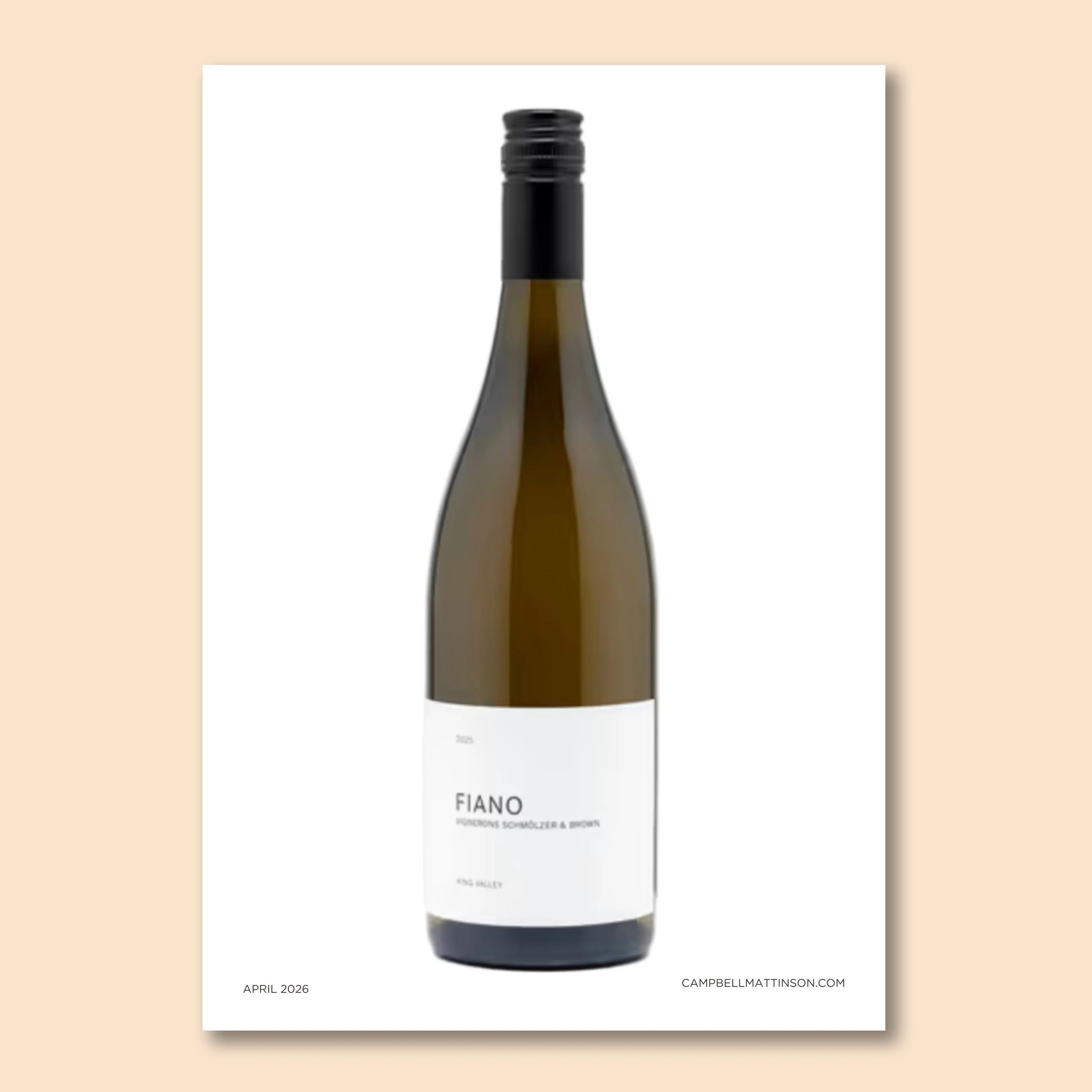 Bottle of Vignerons Schmolzer & Brown Fiano 2025 on the front cover of Mattinson Magazine.