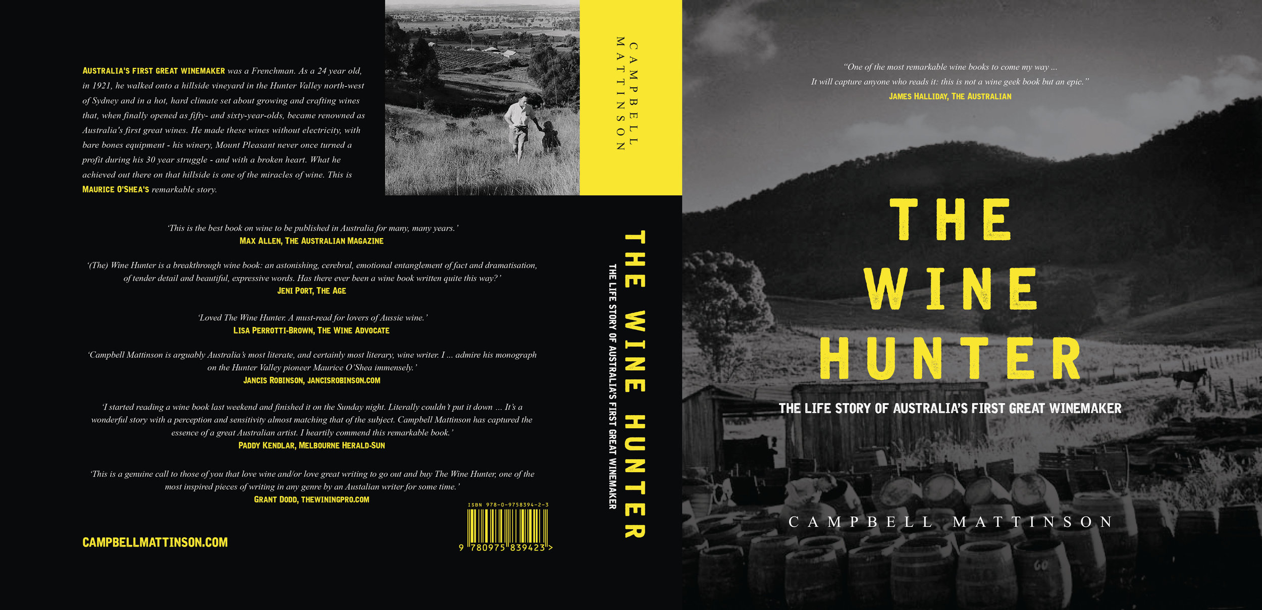 An open-flat version of The Wine Hunter book cover, showing the back cover, the spine and the front cover.