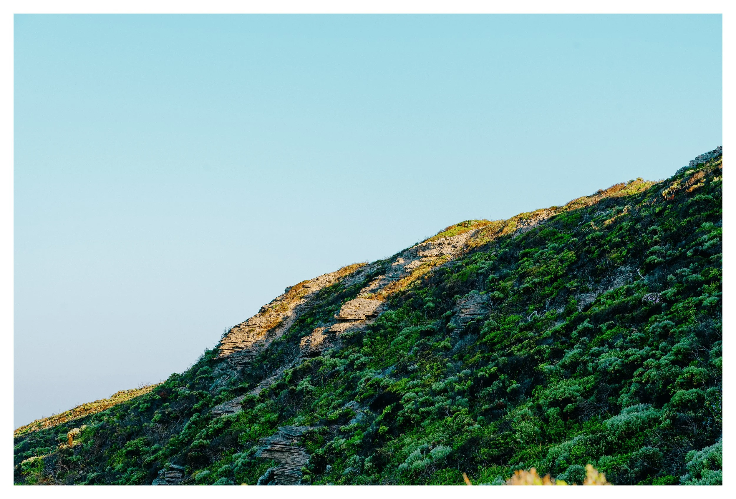 A green hillside in Margaret River with rocky patches under a clear blue sky.
