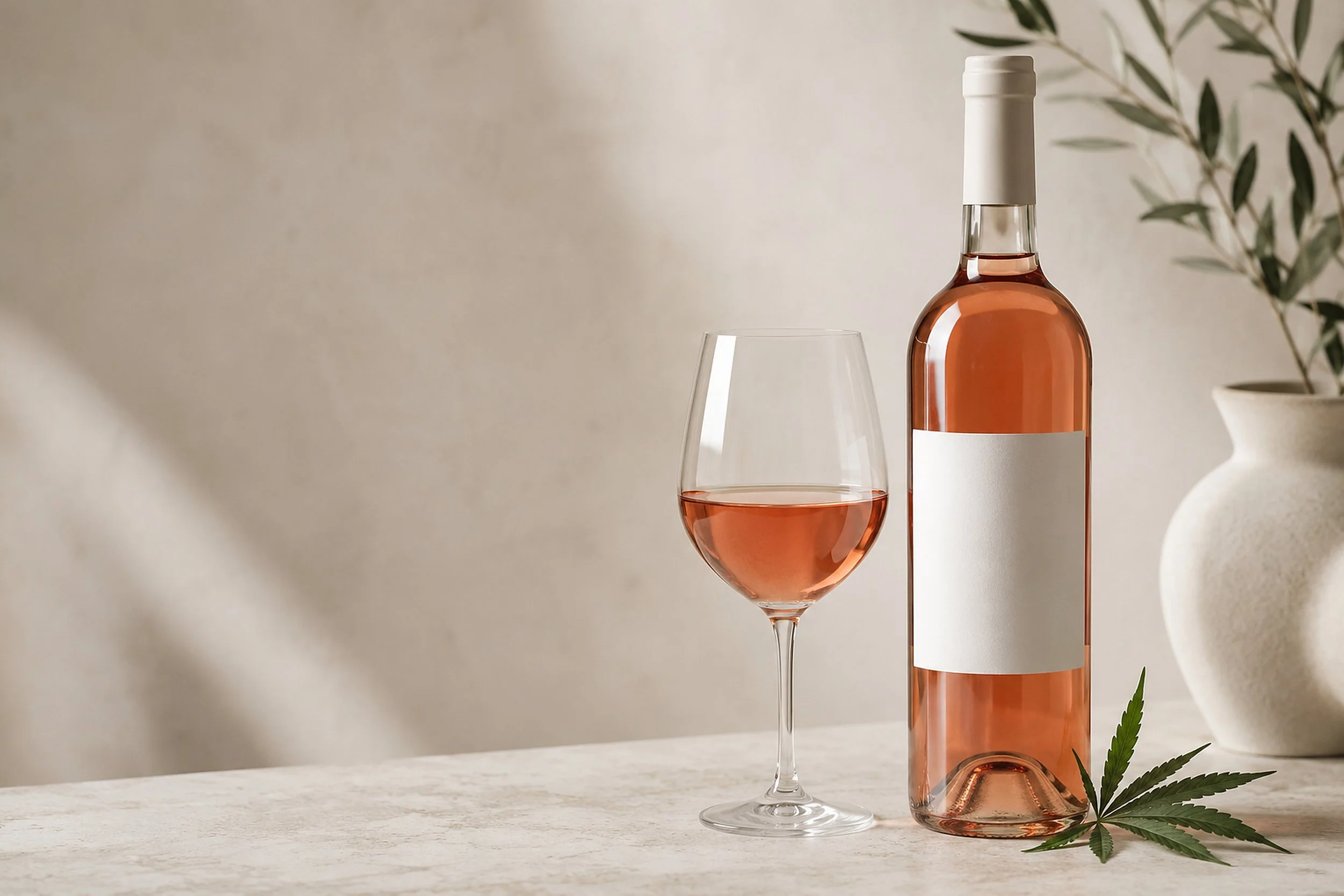 Marijuana leaf beside a wine bottle, rosé-like.