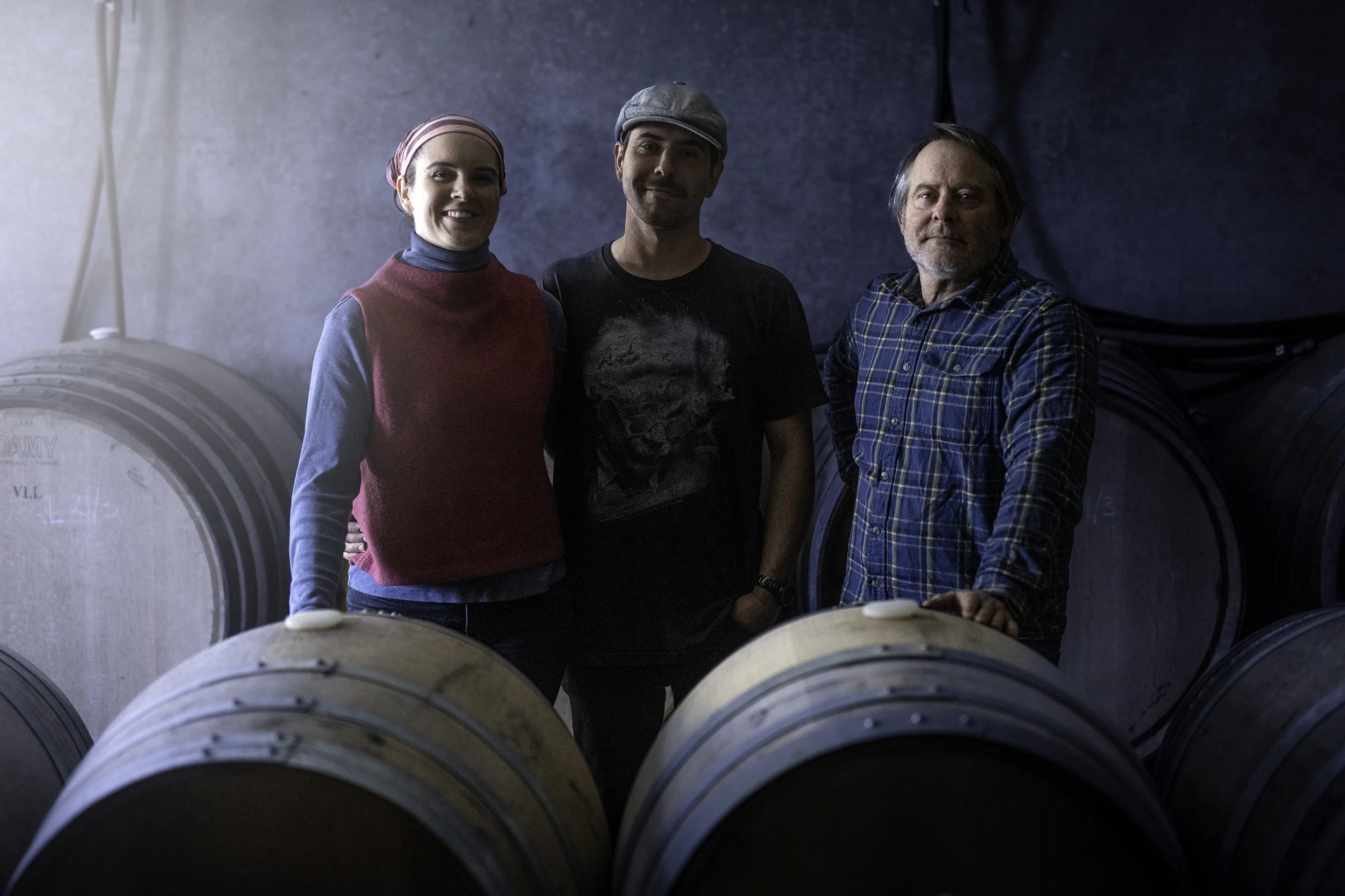 Steve, Marco and Phoebe Lubiana in the cellar at Stefano Lubiana Wines in Tasmania.