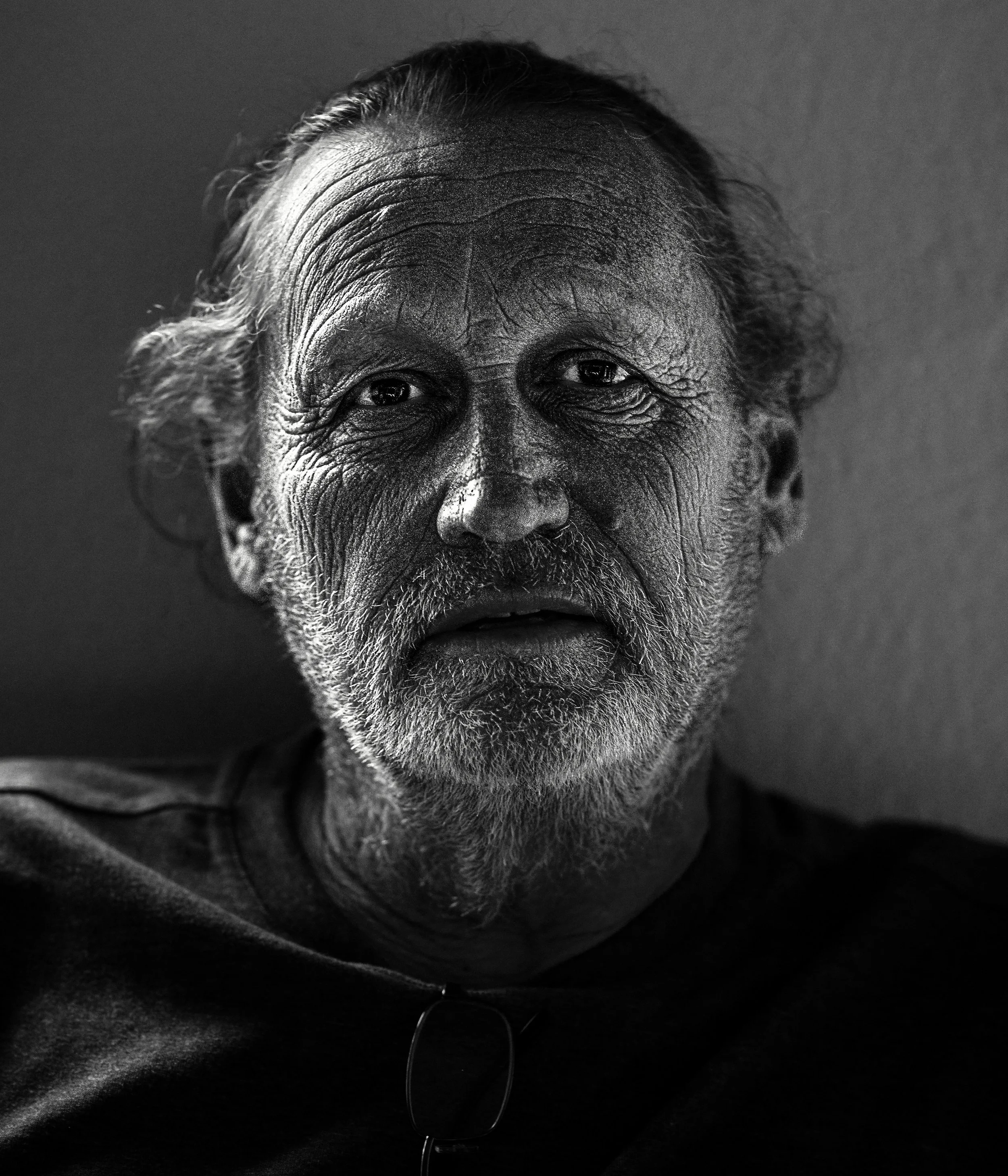 Close-up black-and-white portrait of Barossa Valley winemaker Dave Powell, of Neldner Road wines, in high definition.