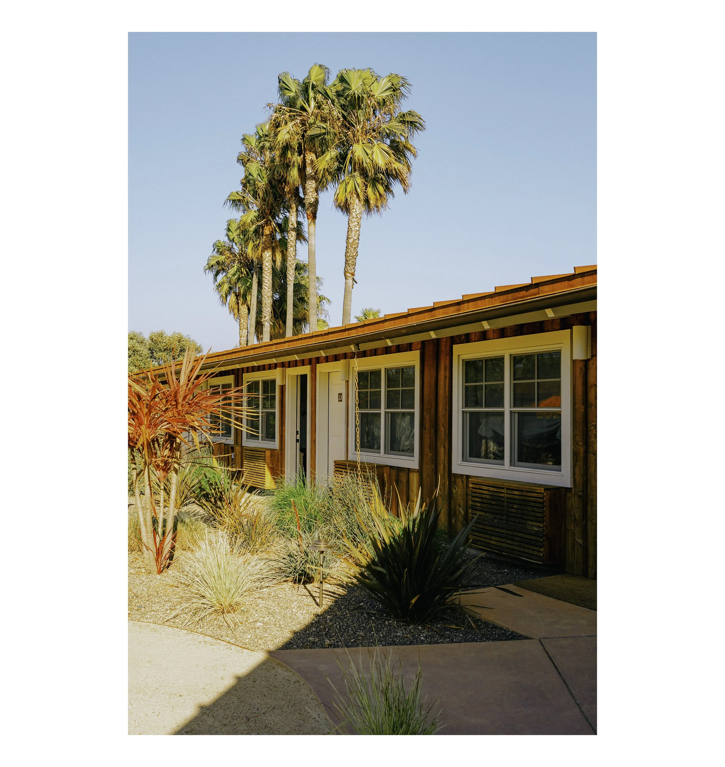 Exterior of the Skyview Hotel Los Alamos, California, featuring timber ranch-style units and palm trees.